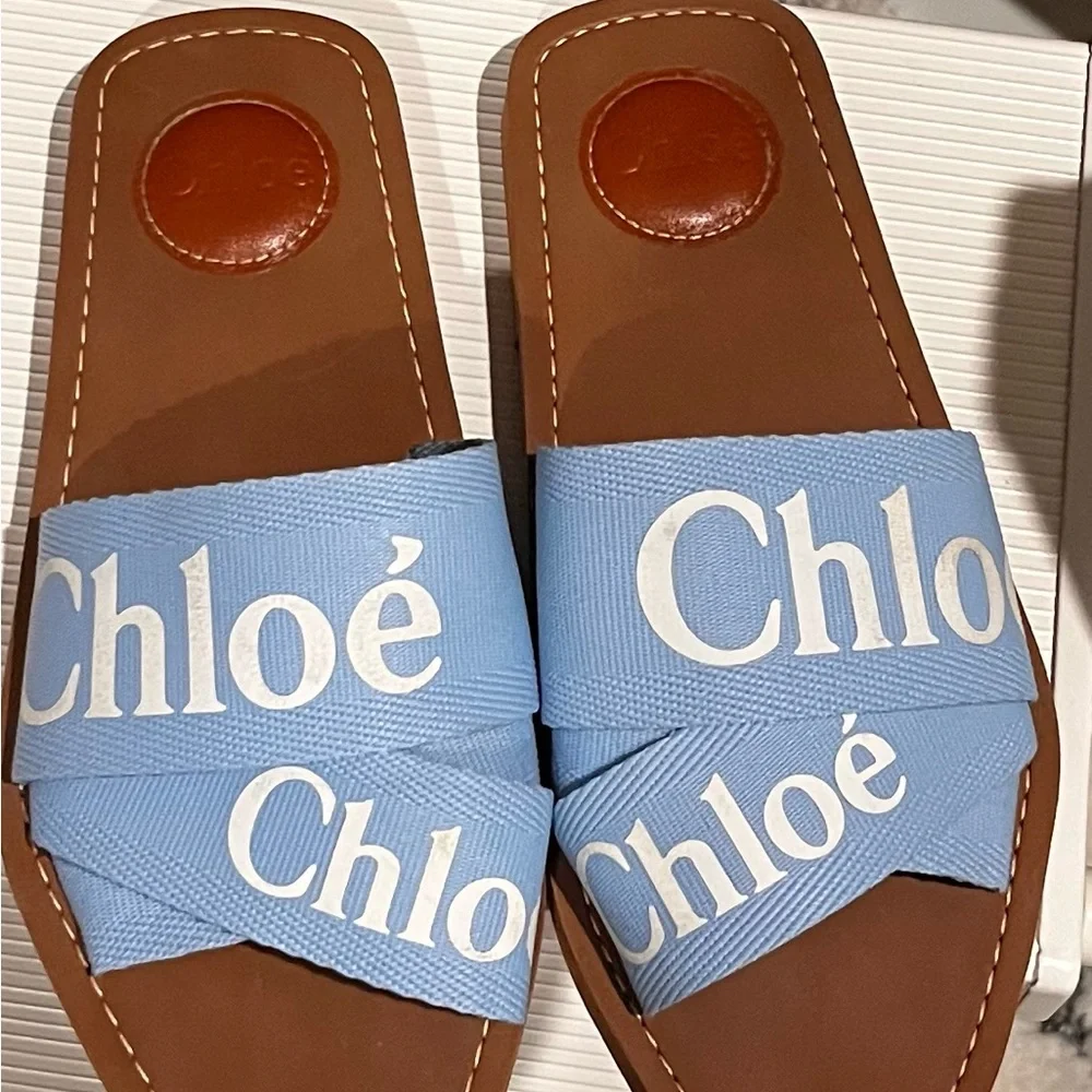 Chloe Light Blue Canvas/Brown Leather Woody Slide Sandals - Picture 3 of 8